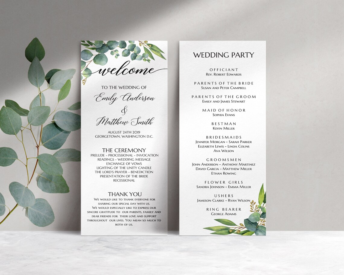 Ceremony Program Template Wedding Program Cards Greenery - Etsy