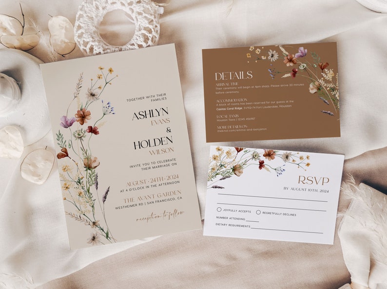 Elegant Floral Wedding Invitation, Beige Wedding Invitation Suite, Boho wedding Invitation set, Invitation template Mila image 1