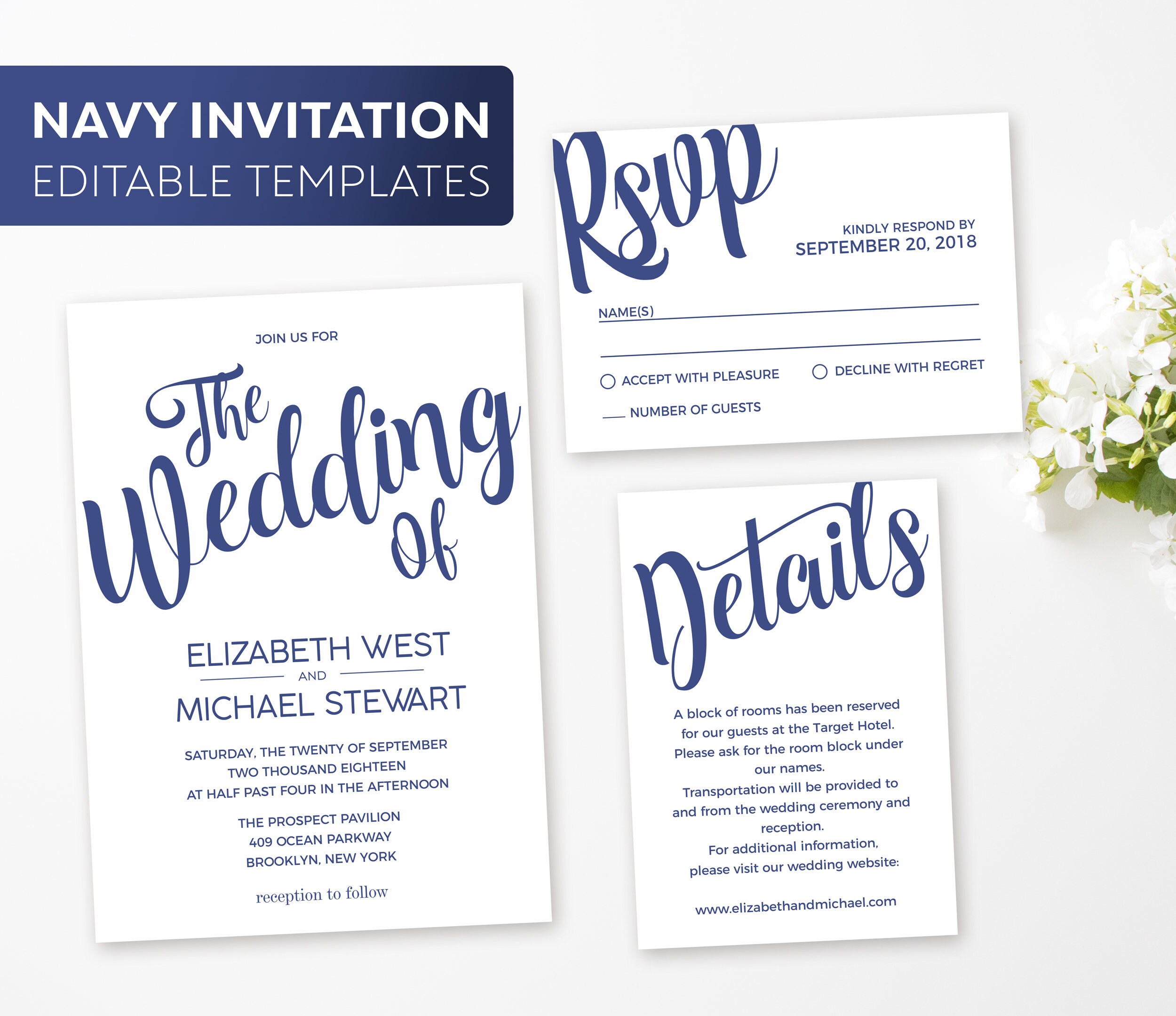 Navy Wedding Invitation Set Template Printable Navy | Etsy
