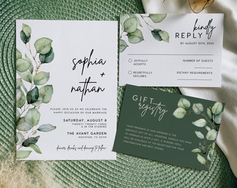 Wedding invitation template, Greenery wedding invitation set, Eucalyptus greenery invitation set, DIY wedding invitations #green022