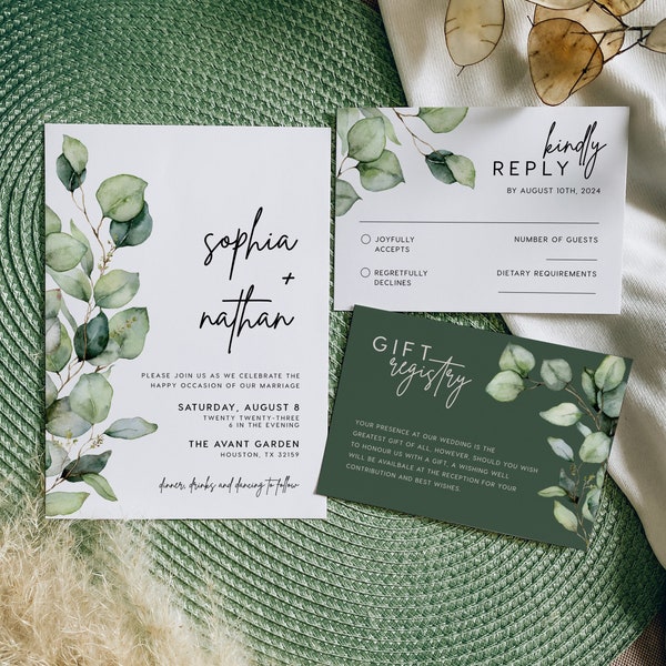Wedding invitation template, Greenery wedding invitation set, Eucalyptus greenery invitation set, DIY wedding invitations #green022