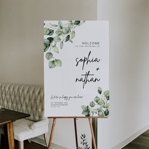 Wedding welcome sign, Greenery welcome sign template, Modern greenery eucalyptus wedding sign #green022