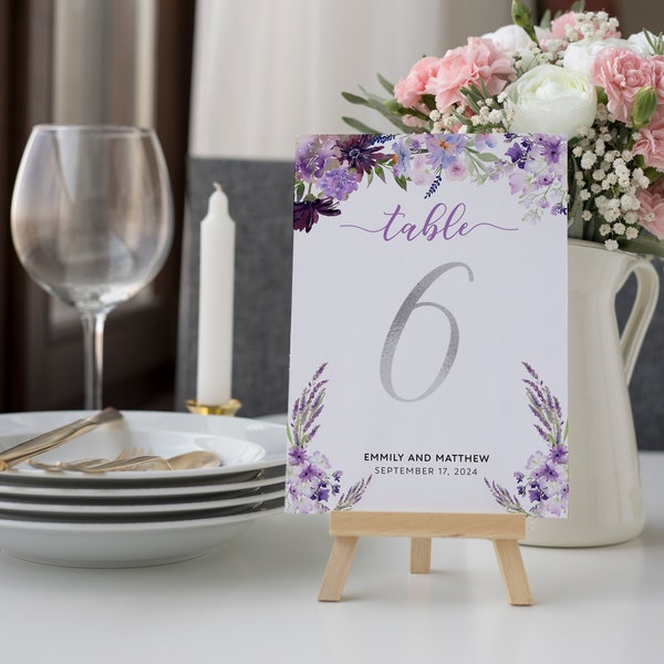 Lavender Table numbers, Lavender, purple and silver wedding table sign, Purple table number template #lav022