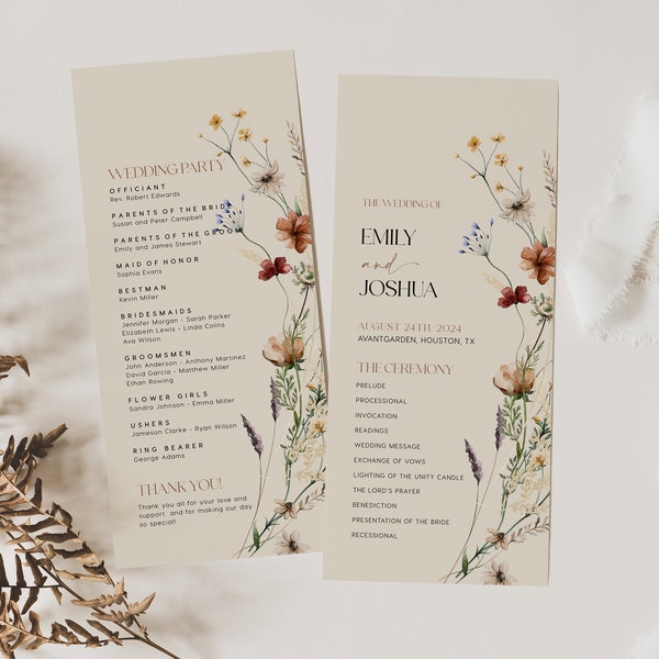 Wedding program template, Floral wedding Program, Beige Wedding Program cards, Boho wildflower wedding stationery #Mila