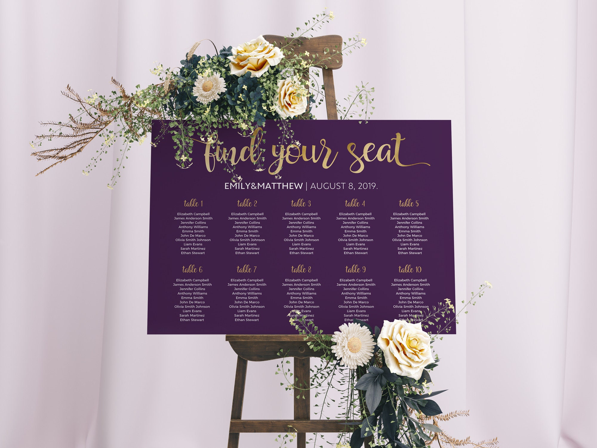 PURPLE FLORAL Personalised WEDDING TABLE SEATING PLAN/WELCOME SIGN 