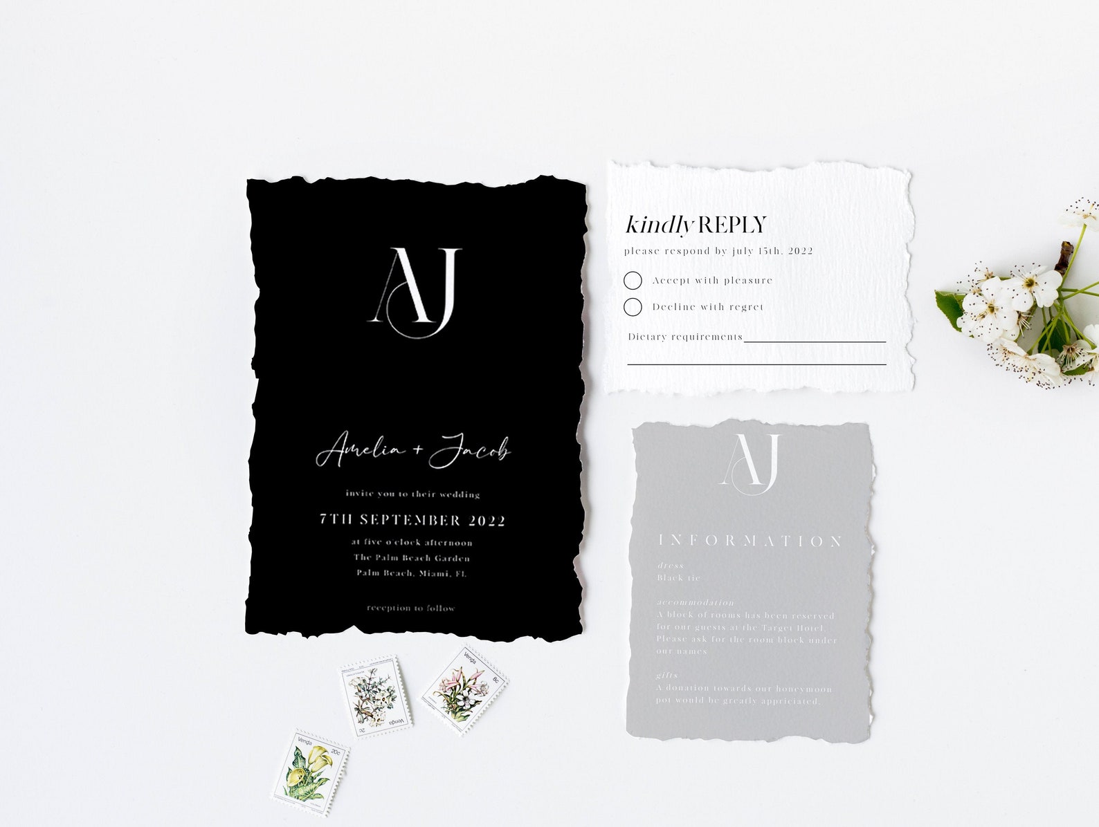 Black wedding invitation suite Elegant wedding invitation