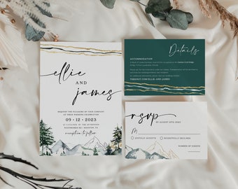 Mountains wedding invitation, Pine forest and mountains invitation set, Wedding invitation template #MNT022VSD