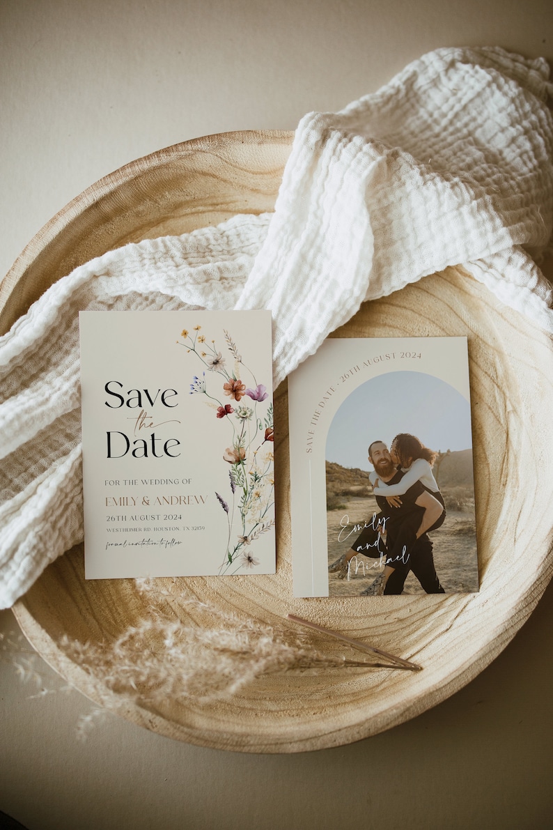 boho beige floral save the date
