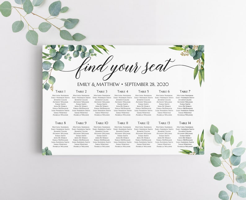 Greenery wedding bundle, Seating chart sign, Welcome sign, Menu, Place cards, Table numbers, Eucalyptus wedding stationery EUC020 image 5