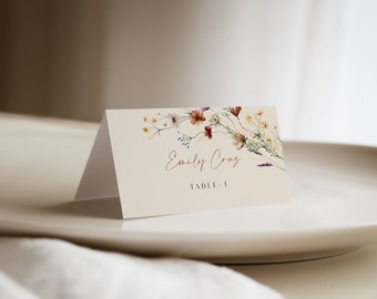 Tarjetas de lugar beige, tarjetas de lugar florales, plantilla de tarjetas de lugar de boda, papelería de boda de flores silvestres boho #Mila
