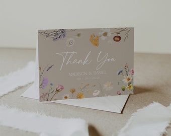 Tarjetas de agradecimiento boho, tarjeta de agradecimiento floral beige, tarjeta de agradecimiento de boda de flores silvestres tempalte #evie