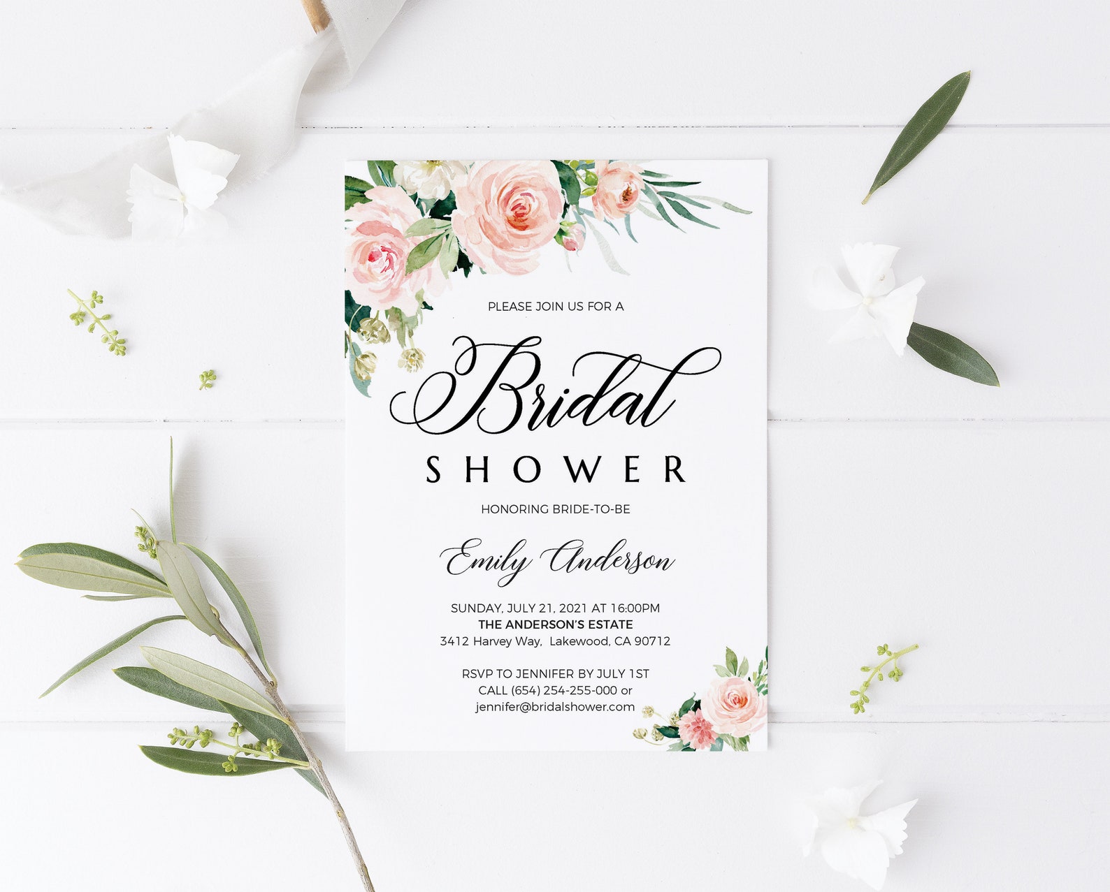 Bridal Shower Invitation Template With Pink and Blush Flowers Etsy