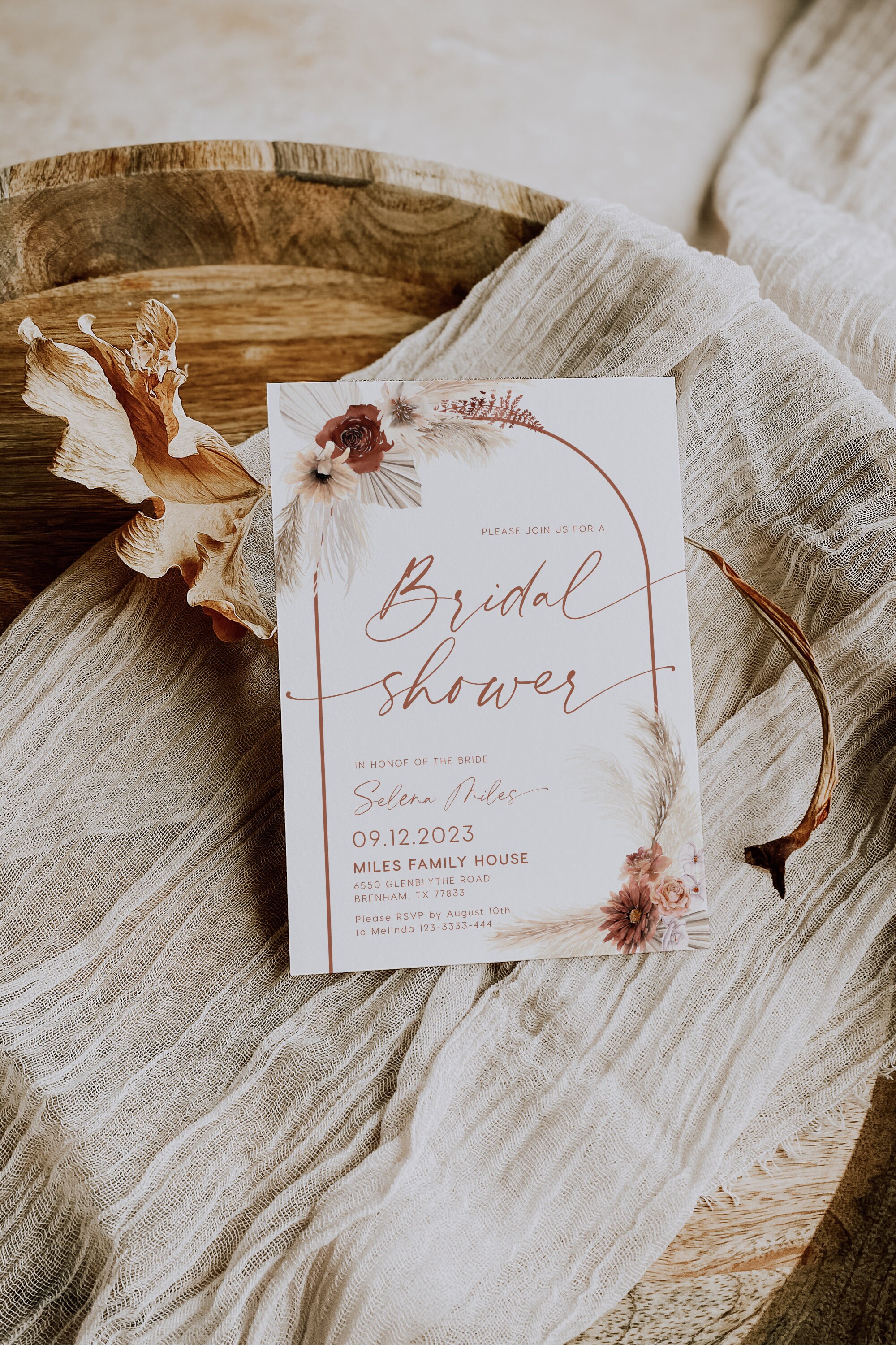 Boho Bridal shower invitation Bridal shower invitation template Pampas grass invitation Terracotta invitation CALLIOPE