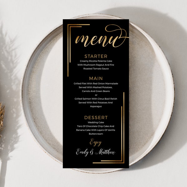 Menu card template black and gold, Wedding menu template, Black and Gold Wedding Menu template #WBD19BG