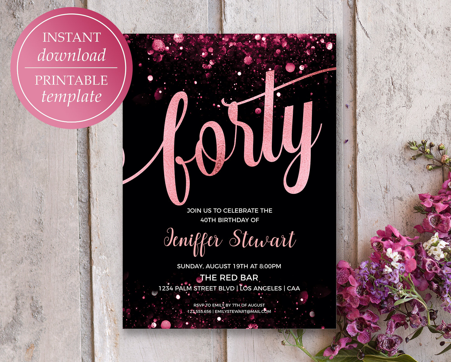 40th Birthday Invitations for Women Rose Gold Birthday Invitation