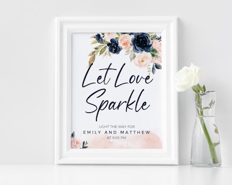 Panneau Let love sparkle, modèle d'envoi cierge magique, panneau de mariage floral bleu marine et blush, panneaux de mariage imprimables #NVB020WBD