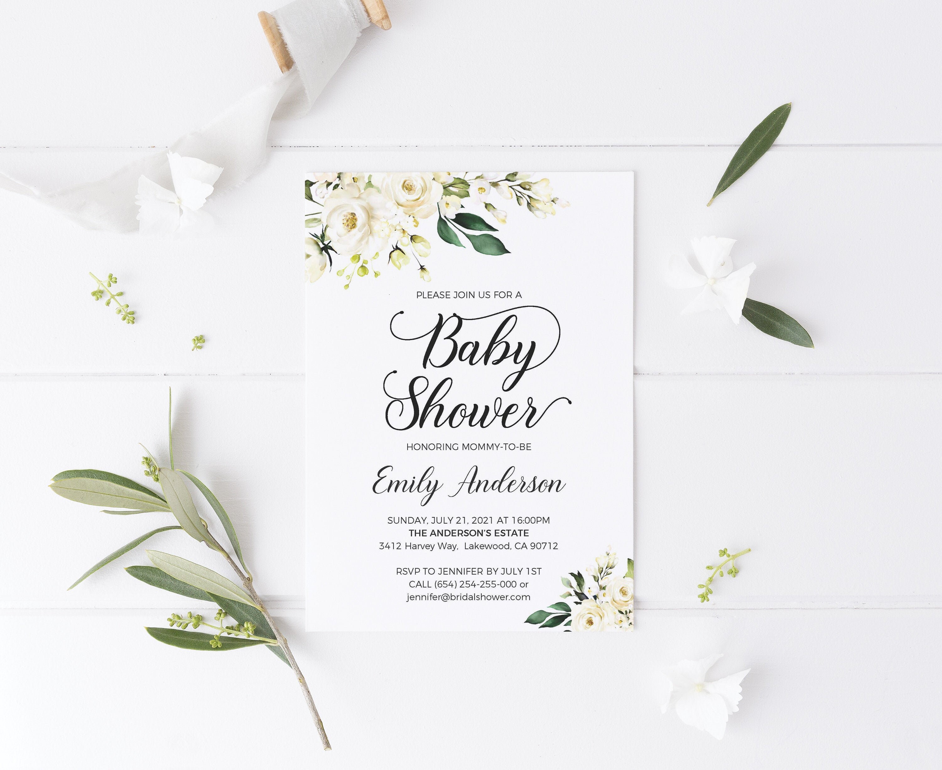 Baby Shower Invitation Template With Greenery Floral and White Etsy