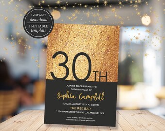 Birthday Invitation, Thirty Birthday Invitation, Printable Invitation, 30th Birthday Invitation, Gold invitation, Digital Invitation