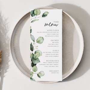 Modern menu template, Wedding menu cards, Greenery wedding menu, Greenery eucalyptus wedding menu #green022