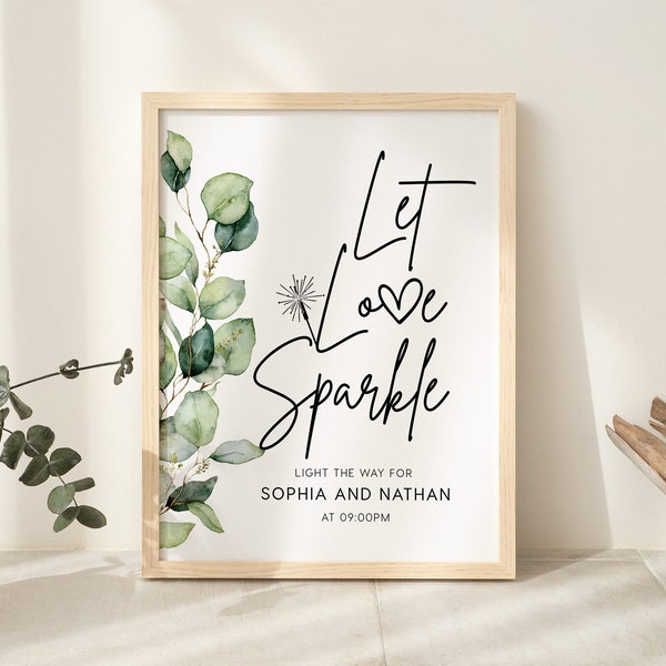 Let love sparkle sign, Sparkler send off sign, Wedding sign template, Modern greenery eucalyptus wedding sign #green022