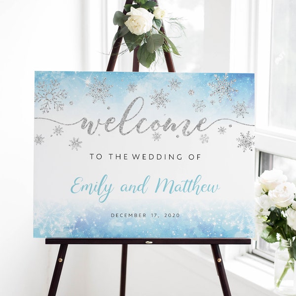 Winter welcome sign template, Winter wonderland sign, Christmas welcome sign wedding, Welcome sign with snowflakes  #WND020