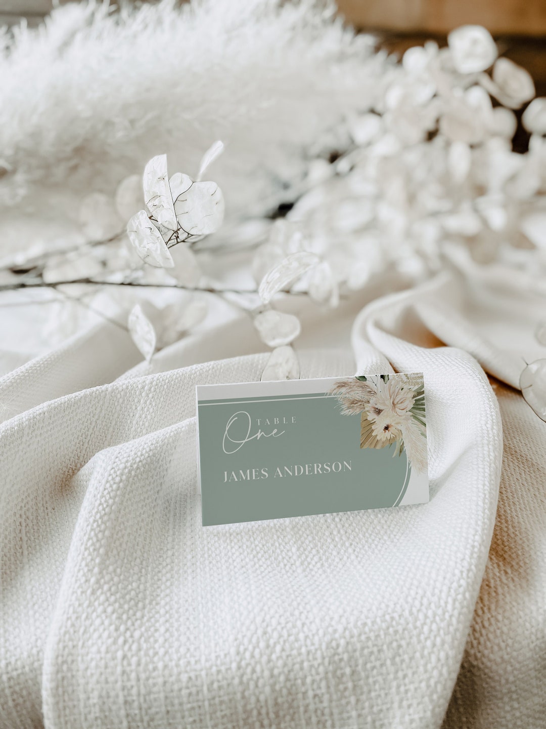 Sage Place Cards, Boho Wedding Place Cards, Sage Green and Pampas, Name Tag Template, Wedding