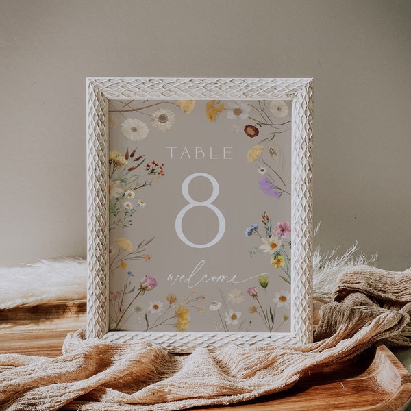 Boho Table numbers, Wedding table number template, Beige wildflower wedding table signs  #evie