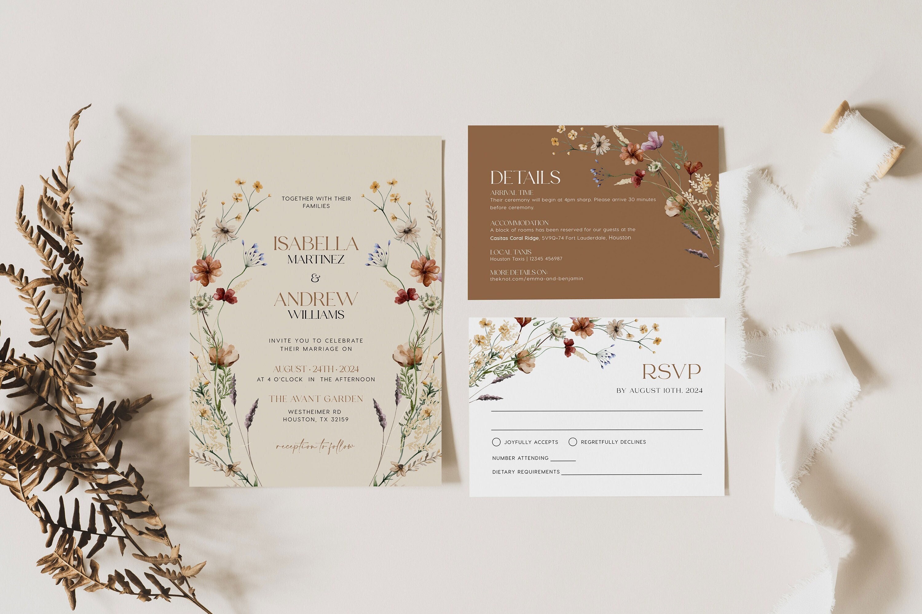 Boho Invitation set Beige and Terracotta Wedding Invitation Floral wedding Invitation set Invitation template Mila