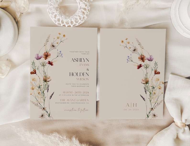 Elegant Floral Wedding Invitation, Beige Wedding Invitation Suite, Boho wedding Invitation set, Invitation template Mila image 10