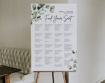 Seating chart alphabetical, Greenery seating chart template, Wedding seating chart, Modern greenery eucalyptus wedding sign #green022