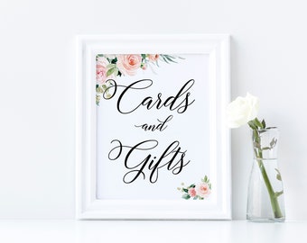 Cards and gifts sign printable, Wedding sign with pink and blush flowers and greenery, Cards and gifts template #FLW020BND