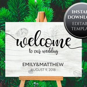 Printable Wood Wedding Welcome Sign Template White Wood Texture, Calligraphy, Black and White ...