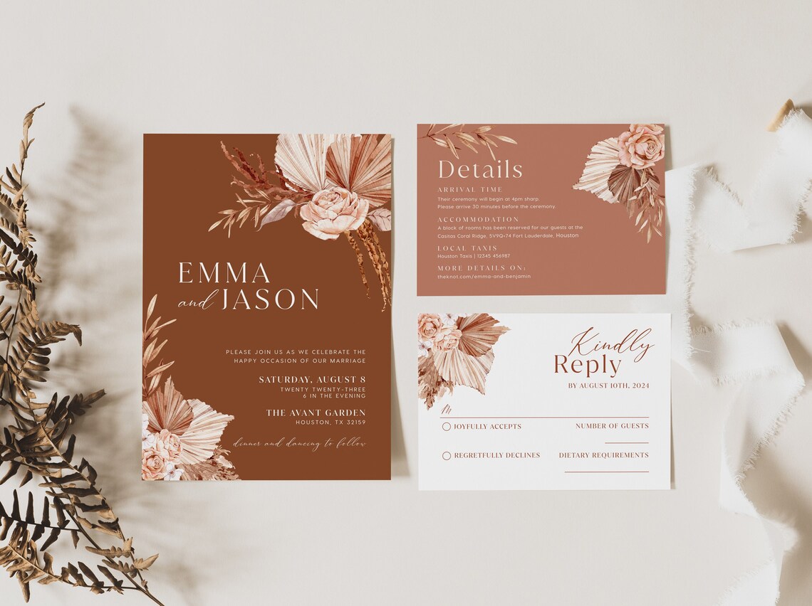 Terracotta Wedding Invitation Template Pampas Wedding - Etsy