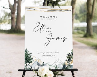 Welcome sign template, Wedding welcome sign, Greenery wedding sign, Mountains and pine forest theme with gold #MNT022VSD