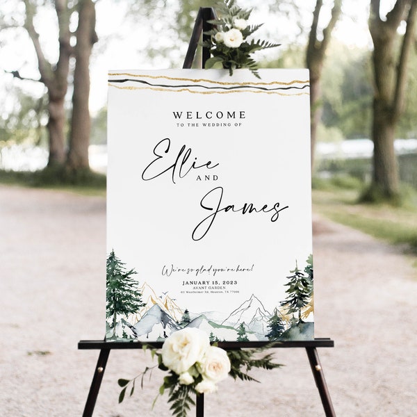 Welcome sign template, Wedding welcome sign, Greenery wedding sign, Mountains and pine forest theme with gold #MNT022VSD