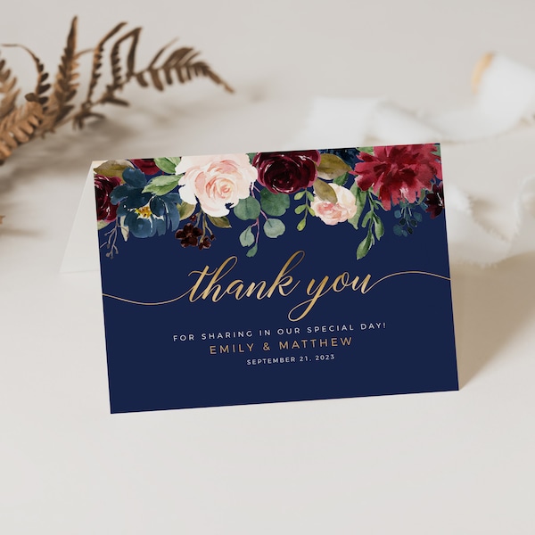 Navy Gold Thank you card, Wedding thank you cards template, Boho thank you cards #NRG020SUITE