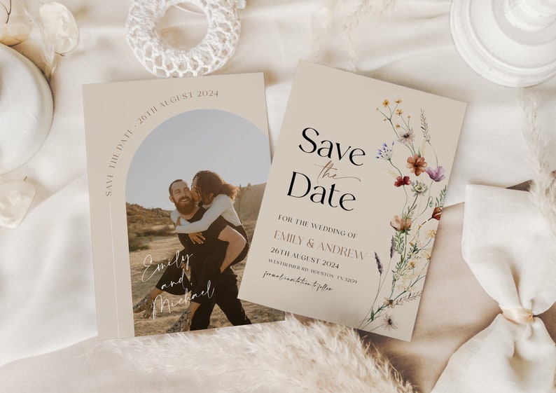 boho beige floral save the date