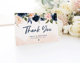 Thank You card wedding, Navy and blush,  Thank you note cards,  Thank you postcards, Folded thank you cards, Floral #NVB020WBD