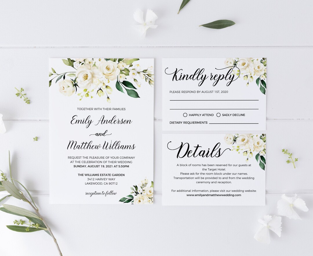 Wedding Invitation Template With White Flower and Modern Script, Greenery Invitation Set With