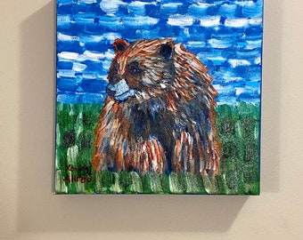 Original Art Bear Gallery Wrapped Canvas Painting 10”x10” 1.5” Thick Artwork