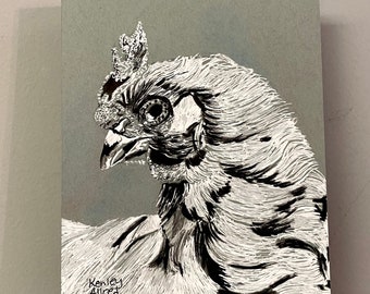 Original Art Chicken Black & White Drawing , Farmhouse Decor , Bird Decor , Wall Art Size 6”x8”