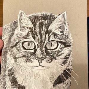 Original Art Cat Ink Drawing Artwork on gray toned paper Size 6”x8”