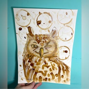 Original Art , Coffee Art , Coffee Lover , Owl Lover , Animal Art , Animal Painting , Wall Art , Original Artwork , Animal Lover , 9”x12”