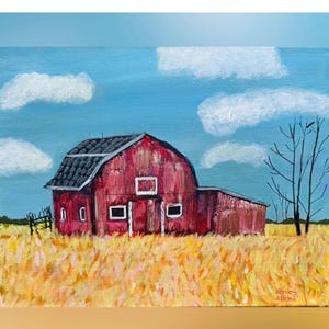 Old Barn Acrylic Painting on Canvas – Rustic Farmhouse Wall Art – Original Landscape - Original Artwork - Landscape Art - Size 11”x14”