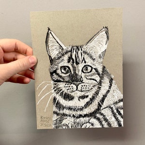 Original Art Cat Ink Small Drawing on Gray Toned Paper Size 6”x8”