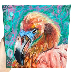 Original Art Flamingo Bird Animal Gallery Wrapped Canvas Painting Size 8”x8” Wall Decor Artwork