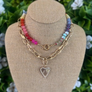 Knotted Rainbow Gemstone Layering Necklace | Gemstone Bead Necklace | Rainbow Stone Necklace | Chunky Gold Chain Necklace