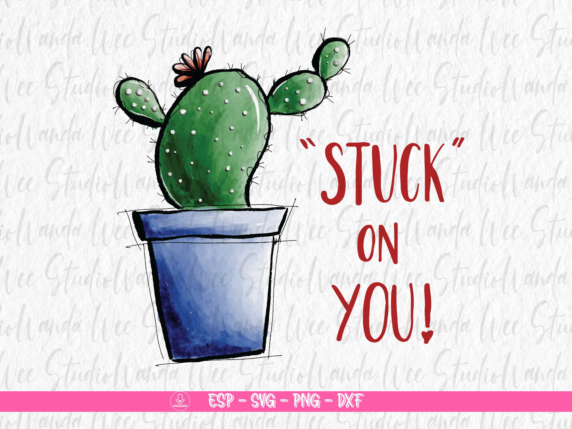 Download Stuck On You With Cute Cactus Watercolor Doodle Valentine Design Png Graphic Clip Art For Sublimation And Svg File For T Shirt Print