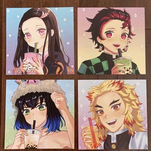 May include: Four anime characters with colorful hair and clothing are holding bubble tea drinks. The characters are against a pastel background with stars and hearts.