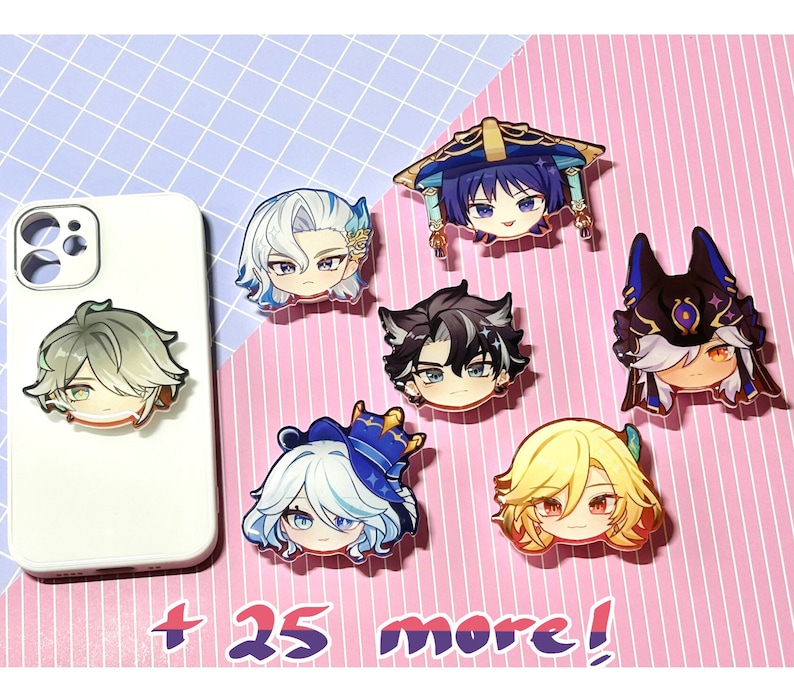 May include: A white smartphone with a light green-haired anime character pop socket attached, surrounded by six additional anime character acrylic pins featuring various hair colors and headgear, with the text + 25 more! printed below.